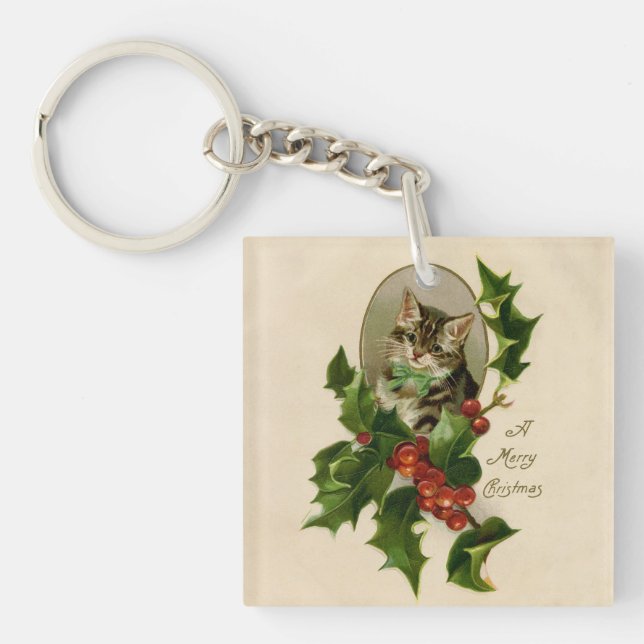 Kat jul Merry Holly Kitten Antique Art (Framsidan)