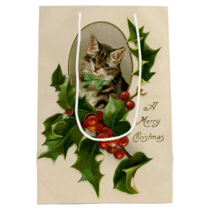 Kat jul Merry Holly Kitten Antique Art