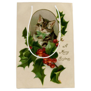 Kat jul Merry Holly Kitten Antique Art
