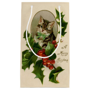 Kat jul Merry Holly Kitten Antique Art