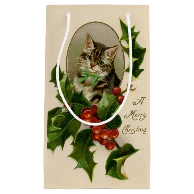 Kat jul Merry Holly Kitten Antique Art (Framsidan)