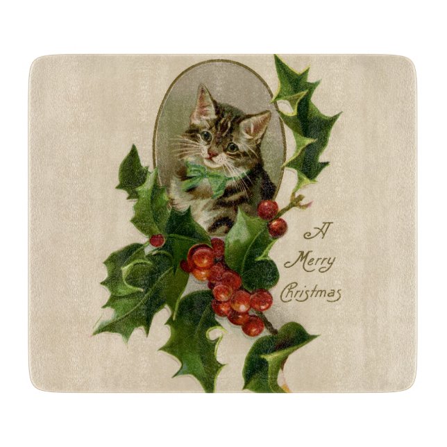 Kat jul Merry Holly Kitten Antique Art (Framsidan)