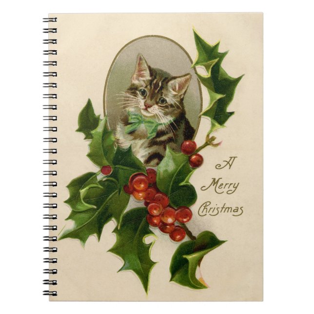 Kat jul Merry Holly Kitten Antique Art Anteckningsbok (Framsidan)