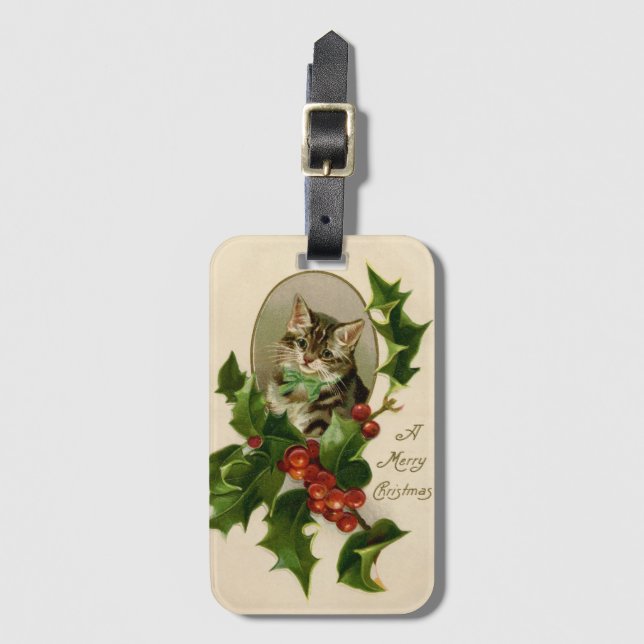 Kat jul Merry Holly Kitten Antique Art Bagagebricka (Framsida vertikal)