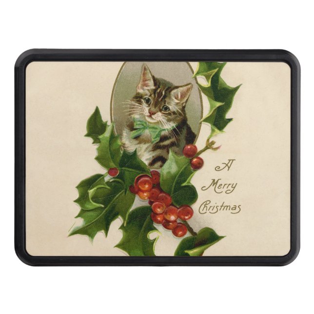 Kat jul Merry Holly Kitten Antique Art Dragkroksskydd (Framsidan)