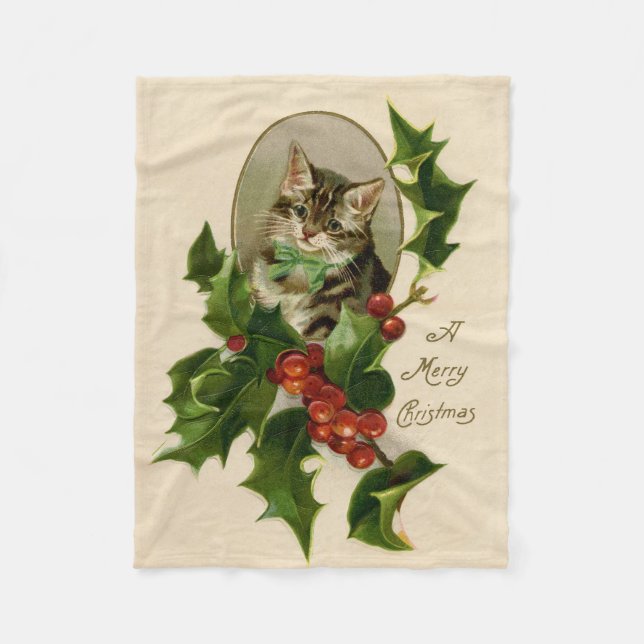 Kat jul Merry Holly Kitten Antique Art Fleecefilt (Framsidan)