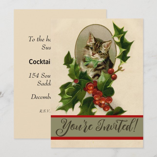 Kat jul Merry Holly Kitten Antique Art Inbjudningar (Fram/baksida)