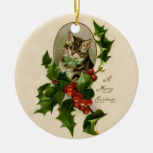 Kat jul Merry Holly Kitten Antique Art Julgransprydnad Keramik