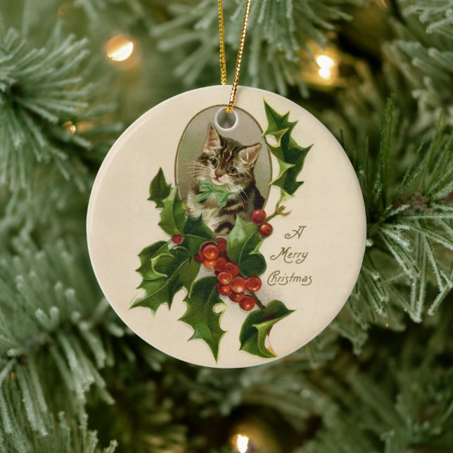 Kat jul Merry Holly Kitten Antique Art Julgransprydnad Keramik (Träd)
