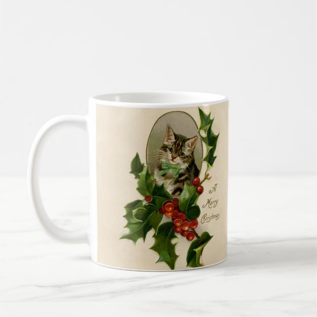 Kat jul Merry Holly Kitten Antique Art Kaffemugg (Vänster)
