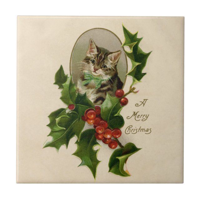 Kat jul Merry Holly Kitten Antique Art Kakelplatta (Framsidan)