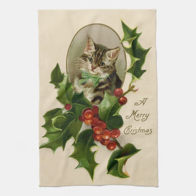 Kat jul Merry Holly Kitten Antique Art Kökshandduk (Vertikal)