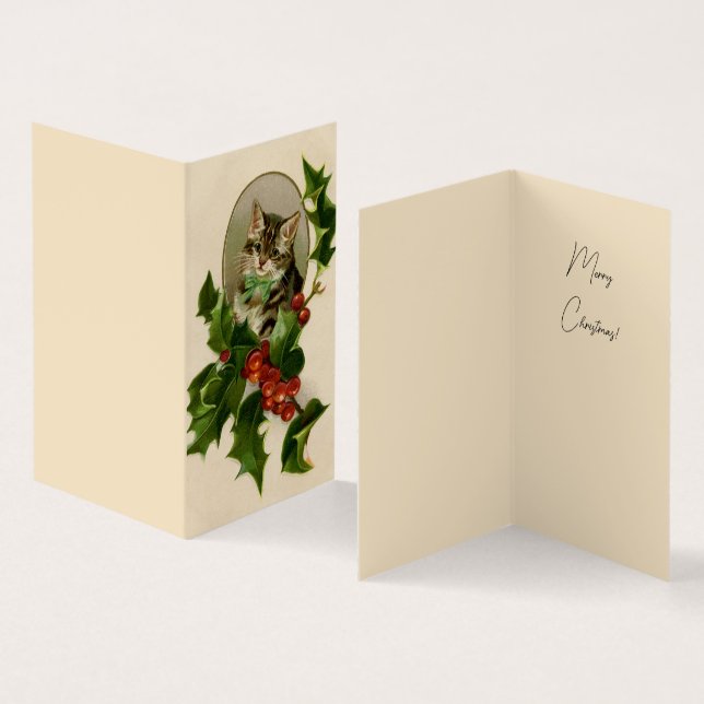 Kat jul Merry Holly Kitten Antique Art Kort (In- och utsida)