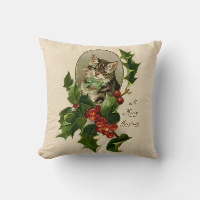 Kat jul Merry Holly Kitten Antique Art Kudde (Framsida)