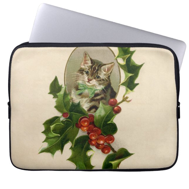 Kat jul Merry Holly Kitten Antique Art Laptop Fodral (Framsidan)