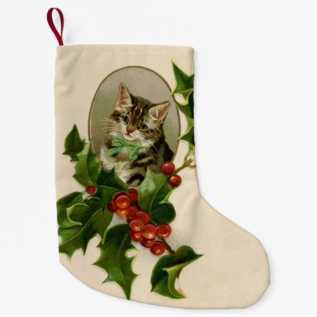 Kat jul Merry Holly Kitten Antique Art Liten Julstrumpa (Framsidan)