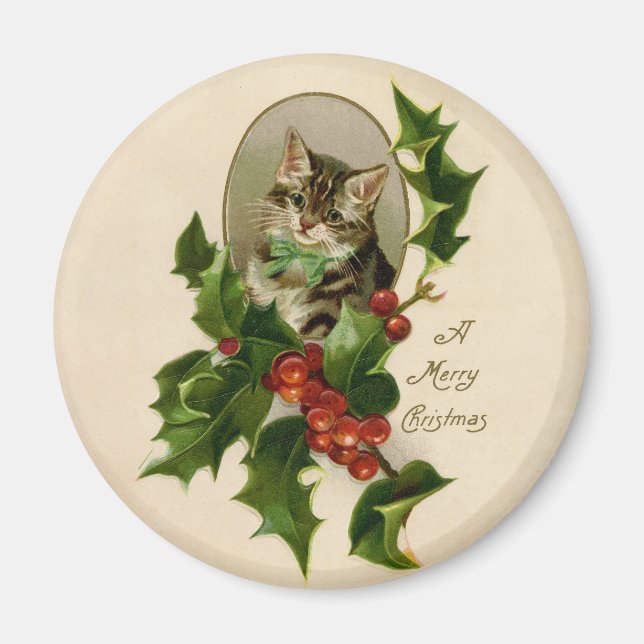 Kat jul Merry Holly Kitten Antique Art Magnet (Framsidan)