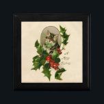 Kat jul Merry Holly Kitten Antique Art Minnesask<br><div class="desc">En mycket god jul i kattunge! Den här söta lilla katten kommer från 1800-talet och tittar ut genom en spray av julklapp i löv.</div>