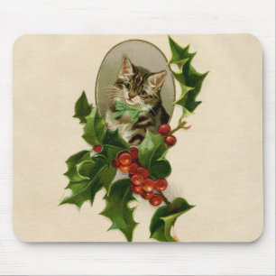 Kat jul Merry Holly Kitten Antique Art Musmatta
