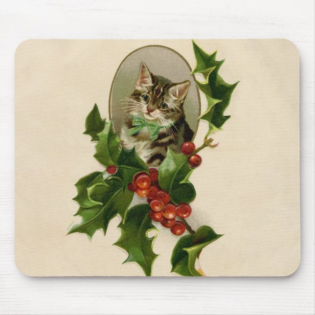 Kat jul Merry Holly Kitten Antique Art Musmatta (Framsidan)