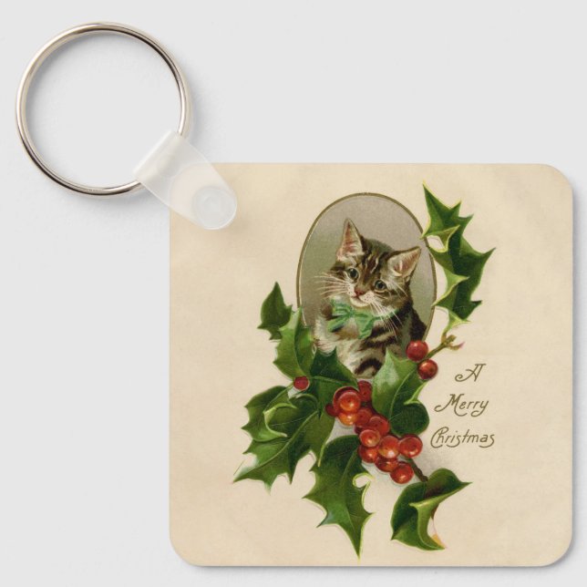 Kat jul Merry Holly Kitten Antique Art Nyckelring (Framsida)