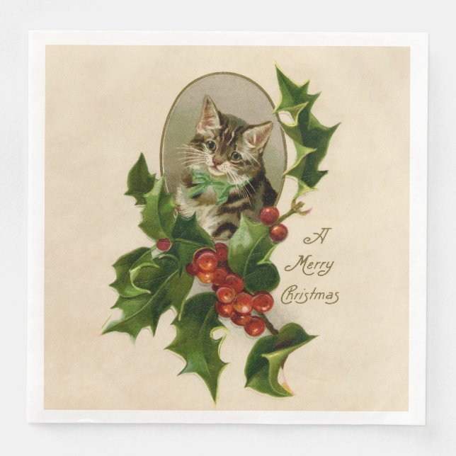 Kat jul Merry Holly Kitten Antique Art Pappersservett (Framsida)