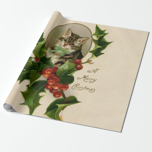 Kat jul Merry Holly Kitten Antique Art Presentpapper (Utrullad)