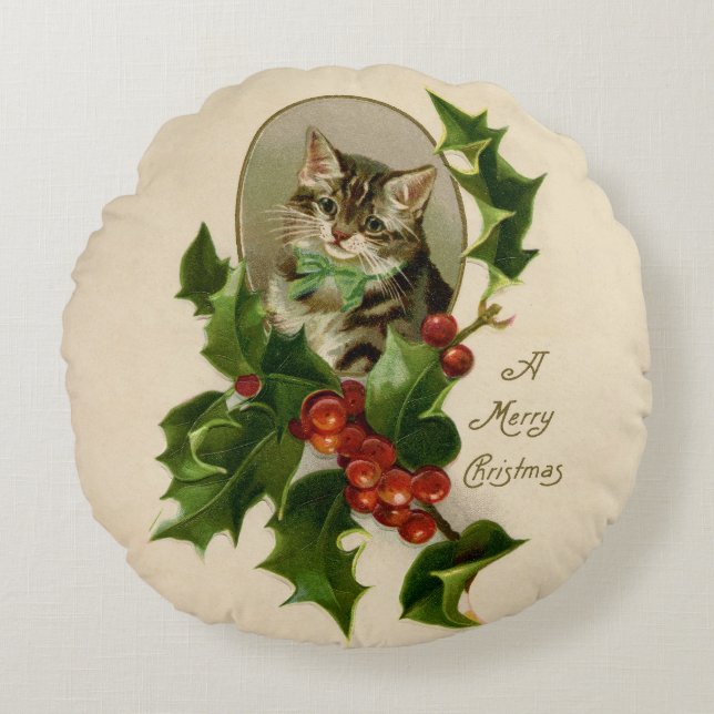Kat jul Merry Holly Kitten Antique Art Rund Kudde (Framsidan)