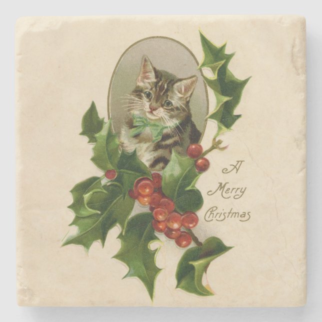 Kat jul Merry Holly Kitten Antique Art Stenunderlägg (Framsidan)