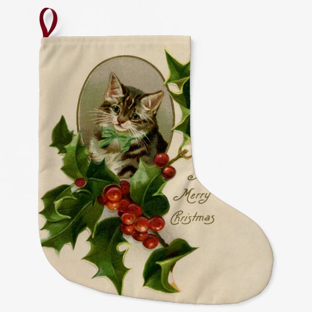 Kat jul Merry Holly Kitten Antique Art Stor Julstrumpa (Framsidan)
