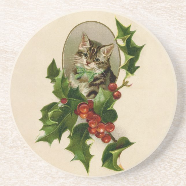 Kat jul Merry Holly Kitten Antique Art Underlägg (Framsidan)