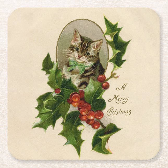 Kat jul Merry Holly Kitten Antique Art Underlägg Papper Kvadrat (Framsidan)