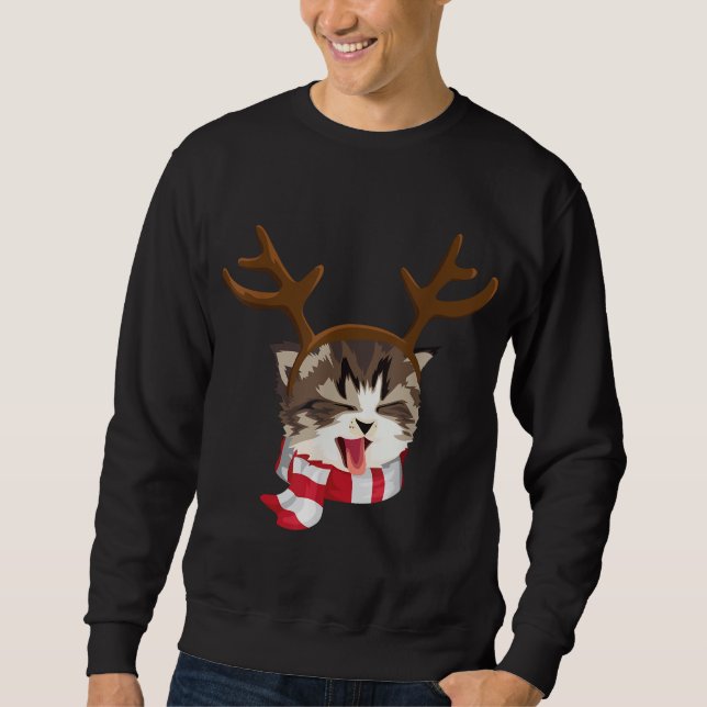 Kat jul Reindeer Antlers Funny Catmas Julafton Lång Ärmad Tröja (Framsida)