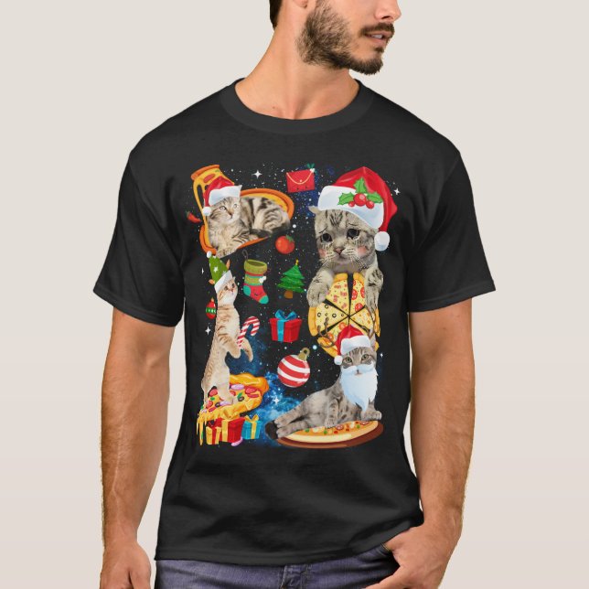 Kat jul Riding Pizza Funny Cats Santa Hat Xm T Shirt (Framsida)