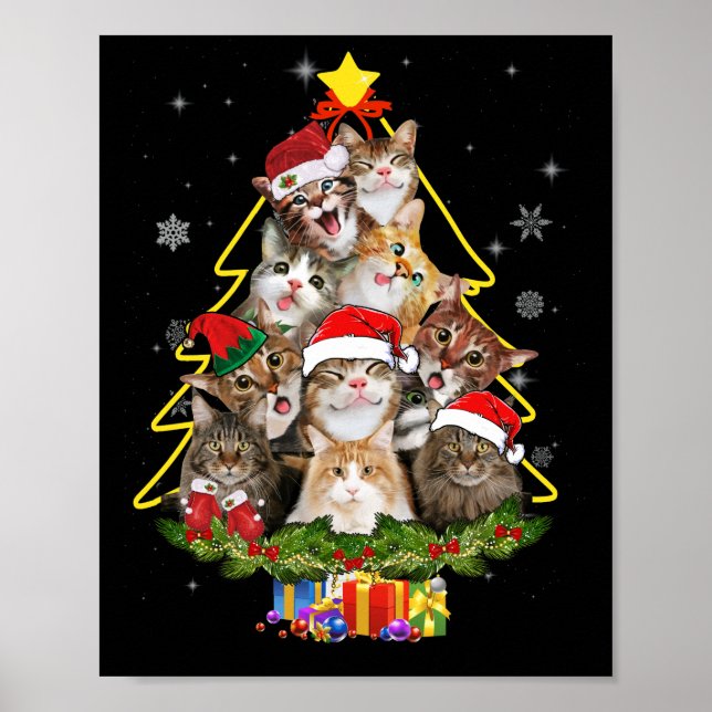Kat jul Rolig tröja Meowy Julgran Cat Poster (Framsidan)