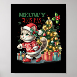 Kat jul Santa Hat och Träd Funny Meowy Cats Poster