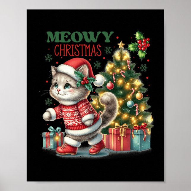 Kat jul Santa Hat och Träd Funny Meowy Cats Poster (Framsidan)
