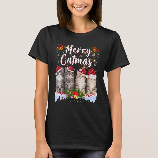 Kat-julfamiljen Matching Merry Catmas Pajamas T Shirt (Framsida)