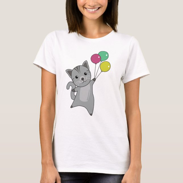 Kat Kitten Balloons Cute Animals Grått Cats T Shirt (Framsida)