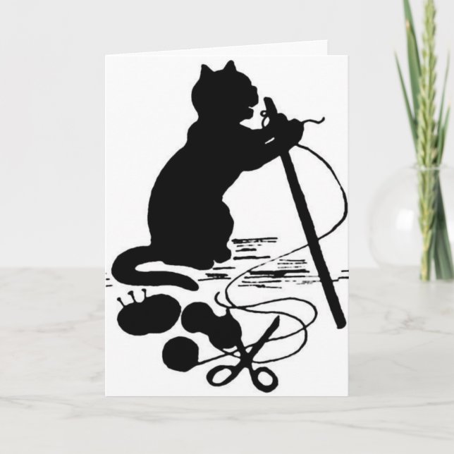 Kat Knitting Silhouette Black/White Greeting Card Kort (Framsida)