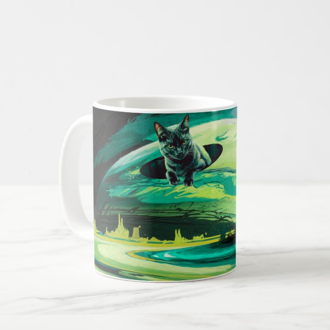 Kat Konstig Space liggande Surreal Coffee Mugg Grö (Framsida vänster)