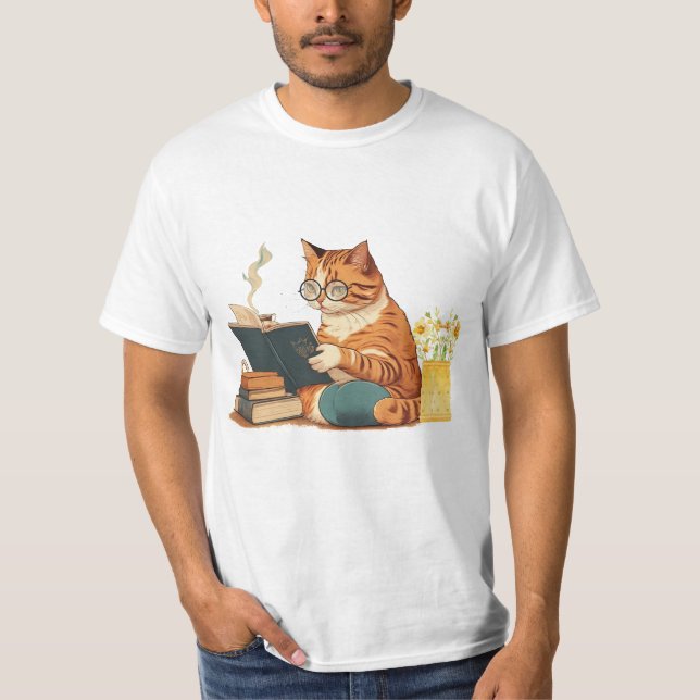 Kat Läsa Bok och dricka kaffe T Shirt (Framsida)