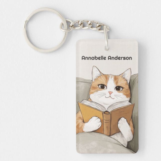 Kat Läsa en Bok personalize Nyckelring (Framsidan)