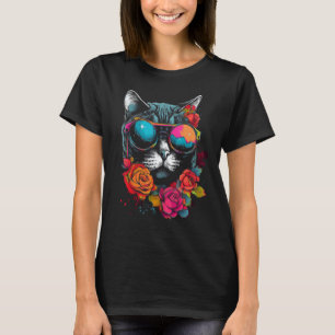 Kat Lover Artwork Sunglass Flower Animal Motif C T Shirt