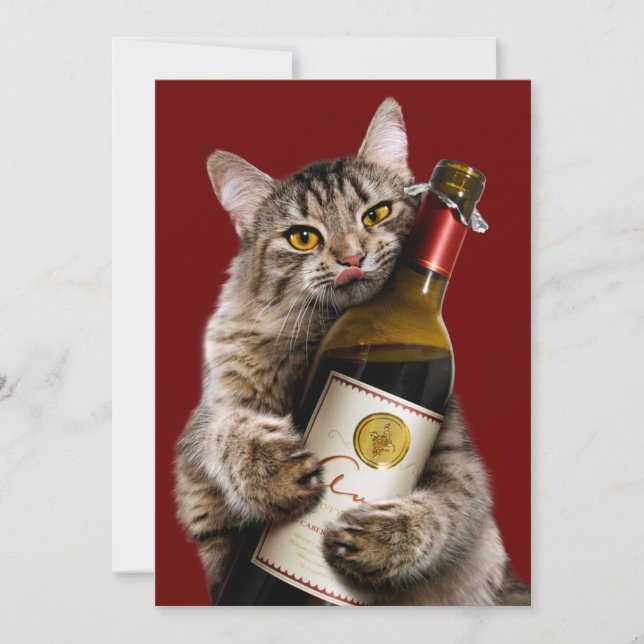Kat med Vin Flaska Inbjudningar (Framsida)