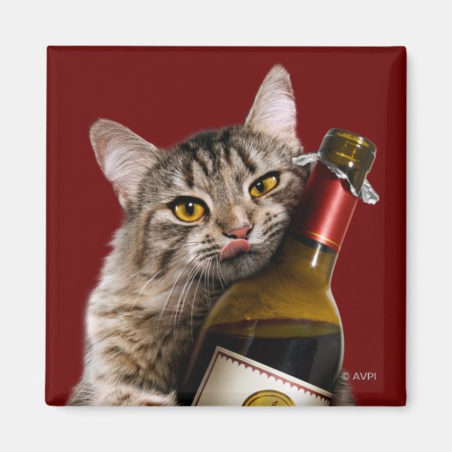 Kat med Vin Flaska Magnet (Framsidan)