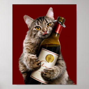 Kat med Vin Flaska Poster