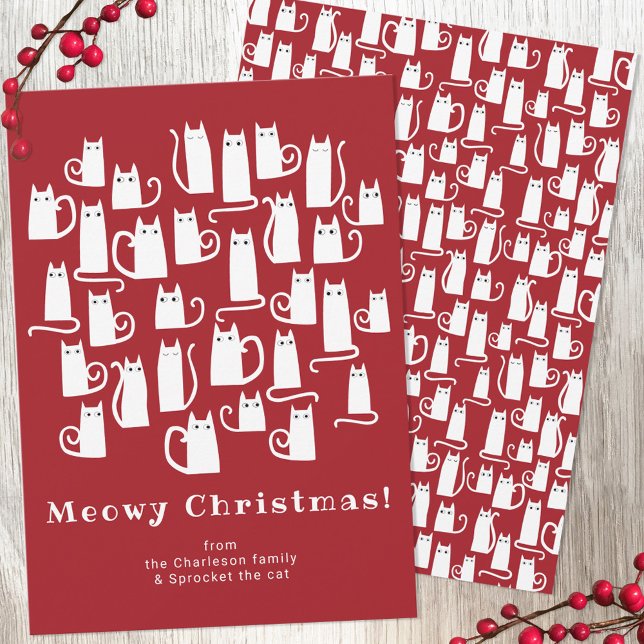 Kat Meowy Helgdag-kort Julkort (Red and white cat fun holiday card)