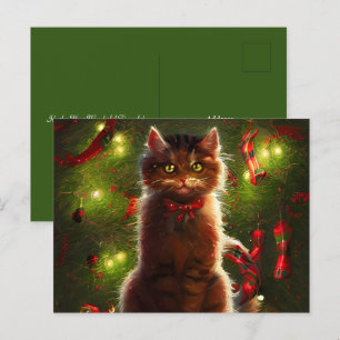 Kat och ett vykort för Julgran Hälsning