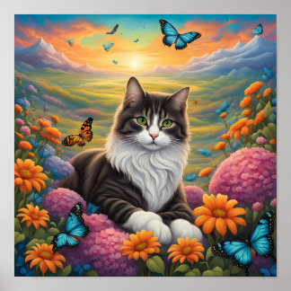 Kat, omgiven av blommor och fjärilar poster